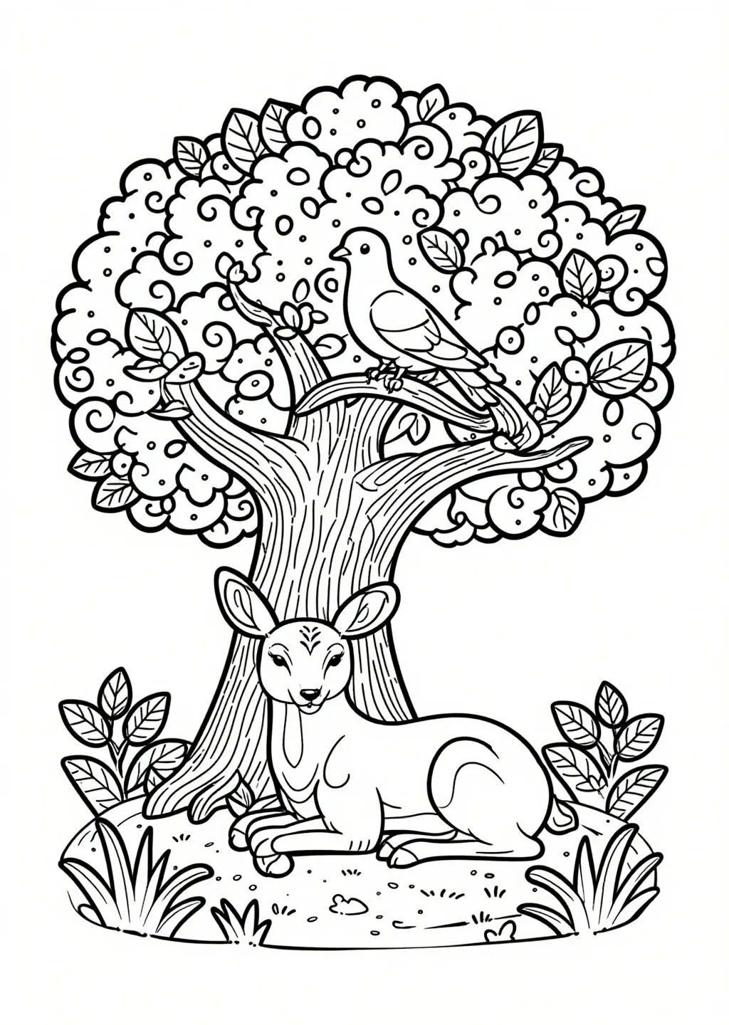 Serene Deer & Dove: Peaceful Forest Coloring Page