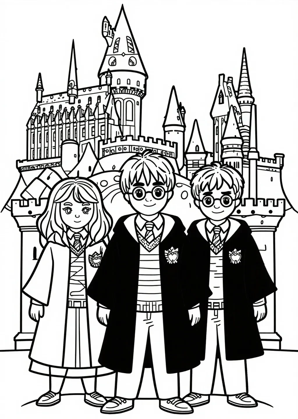 Harry, Hermione & Ron at Hogwarts Coloring Page