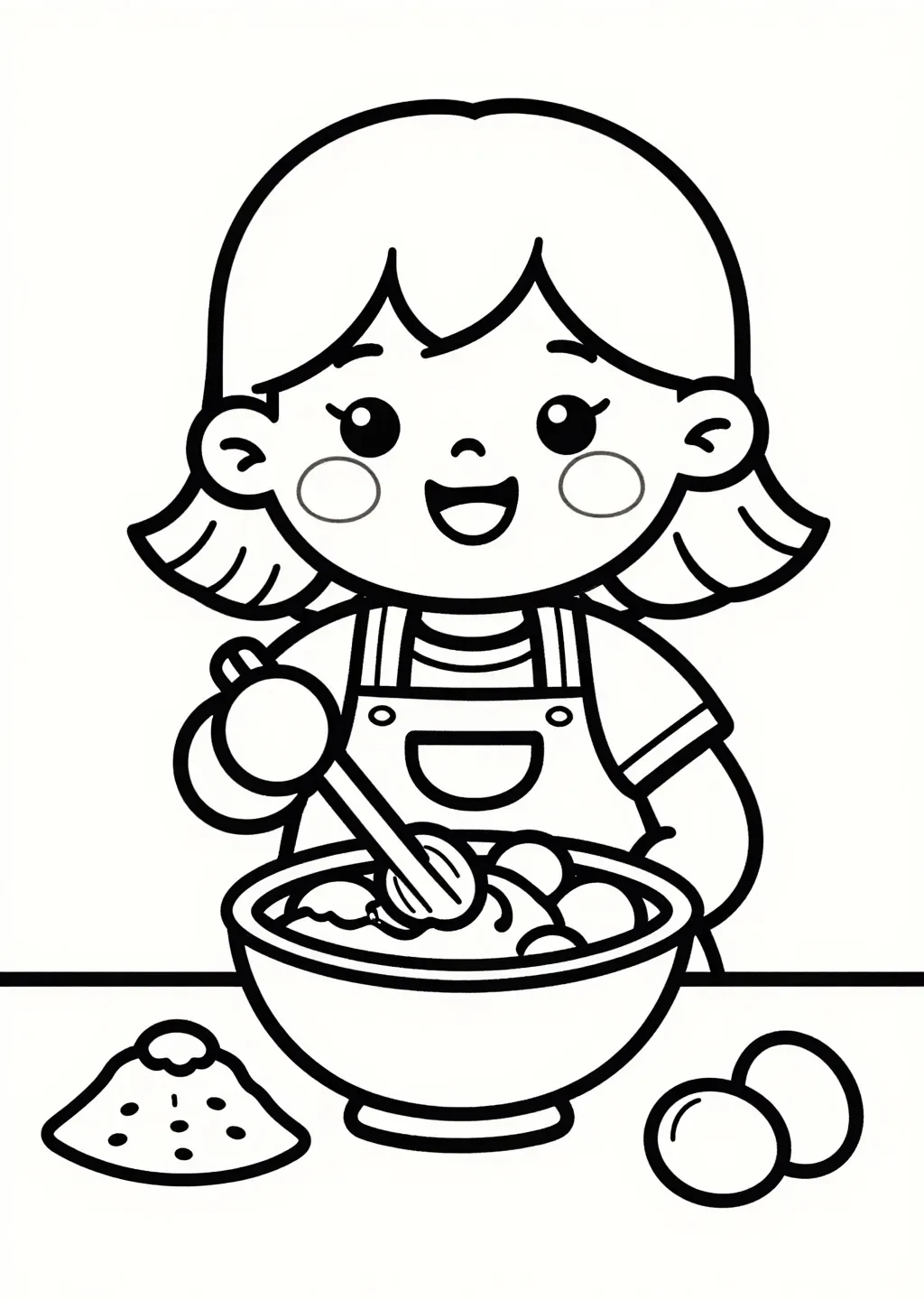 Fille Joyeuse Prépare un Gâteau à Colorier