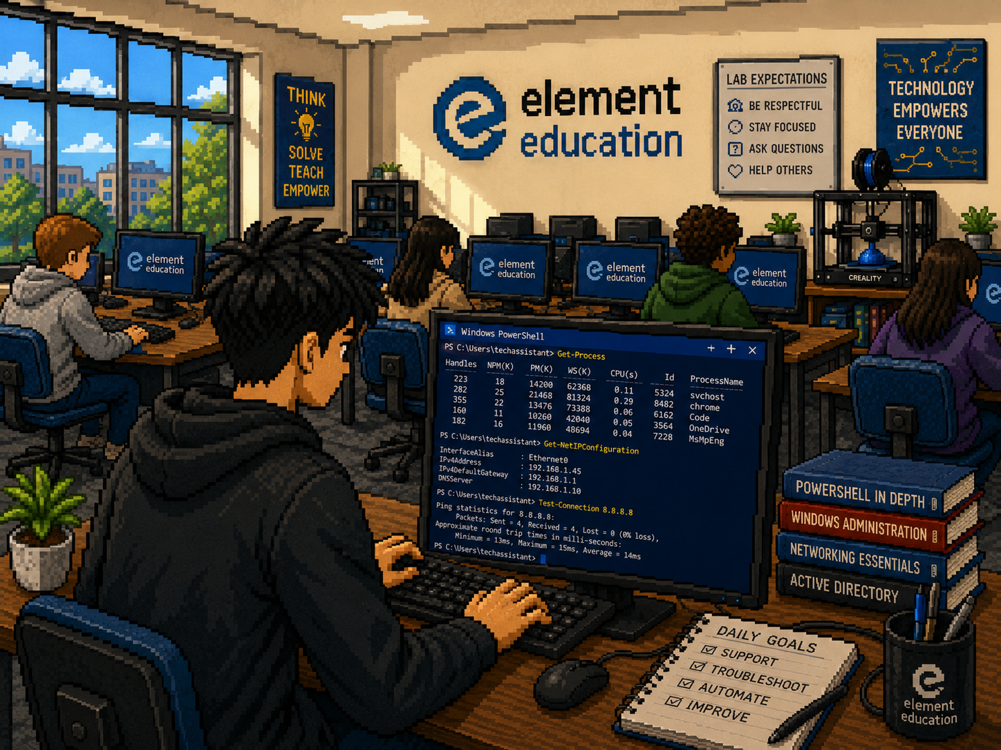 Technology assistant pixel scene