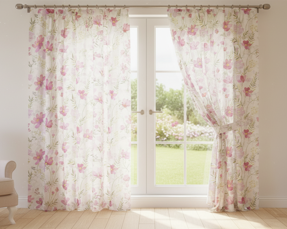 Elegant Pink Floral Sheer Voile Window Curtains