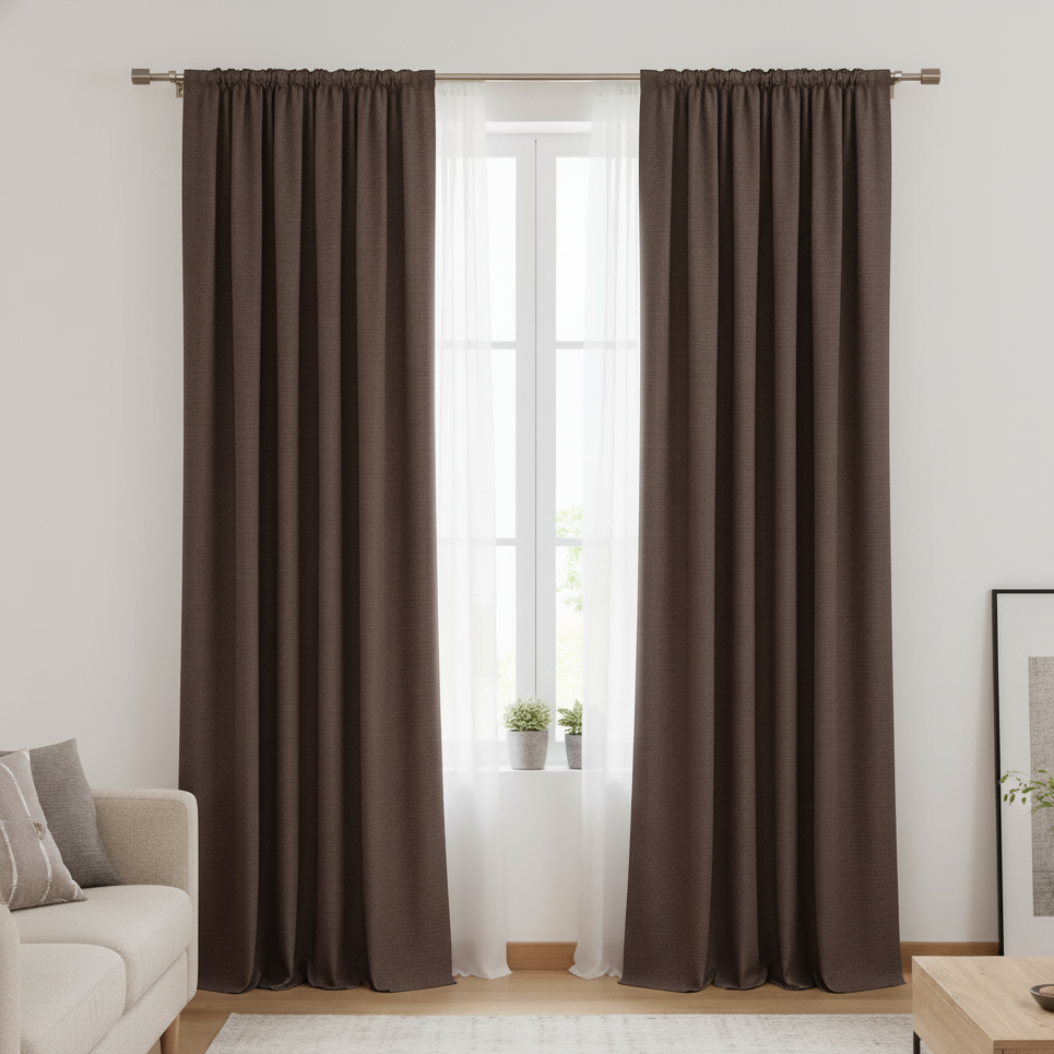 Brown Blackout Curtains with Textured Weave , Rod Pocket Panel Pair