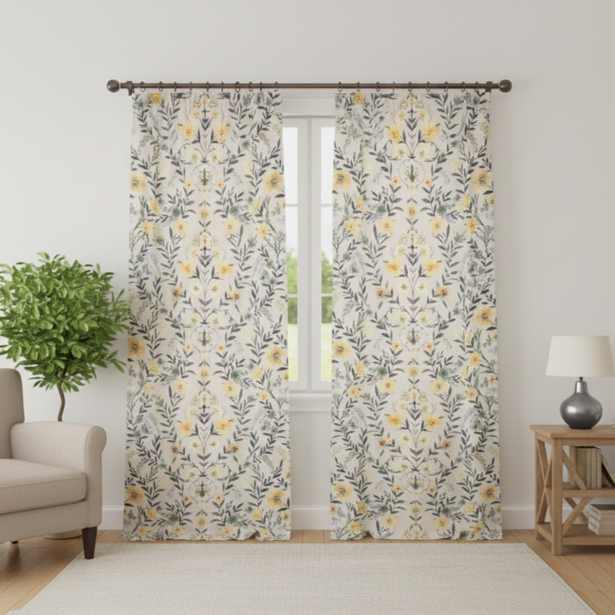 Floral Print Curtains Yellow , Grey & Off-White