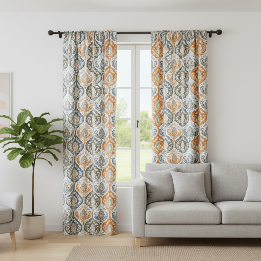 Floral Print Room Darkening Curtain Panel in Rust Orange