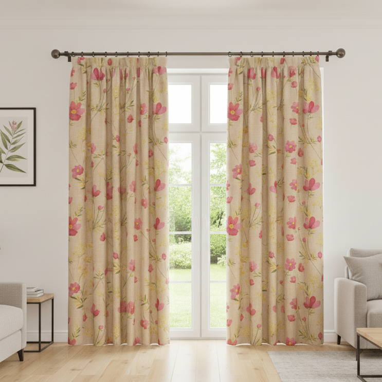 Vintage Charm Pink & Yellow Floral Print Cotton Linen Curtain Panel