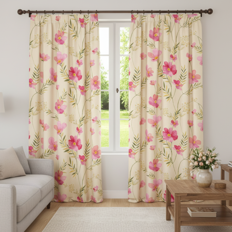 Cottage Rose Vintage Floral Pencil Pleat Curtains (Cream & Blush)