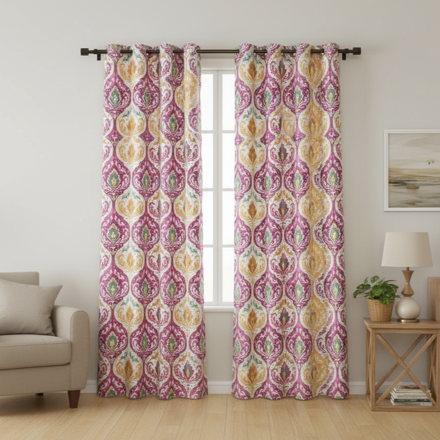 Vibrant Pink & Gold Medallion Print Grommet Curtain Panel