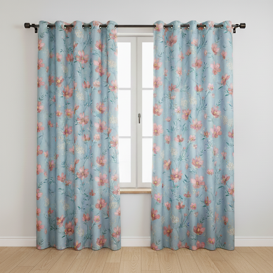 Wildflower Print Eyelet Curtains - Cottagecore Revival Collection- Ruffle Sr - 4749/01-Grey