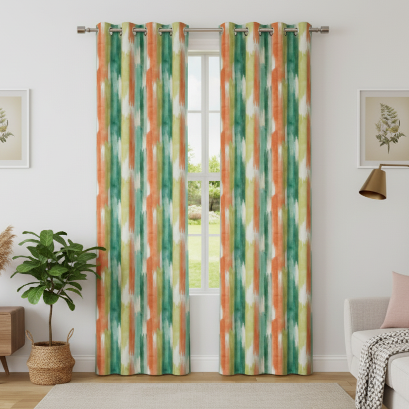 Vibrant Tropical Abstract Brushstroke Eyelet Curtains - Orange - Ruffle Sr - 4766/05/Yellow