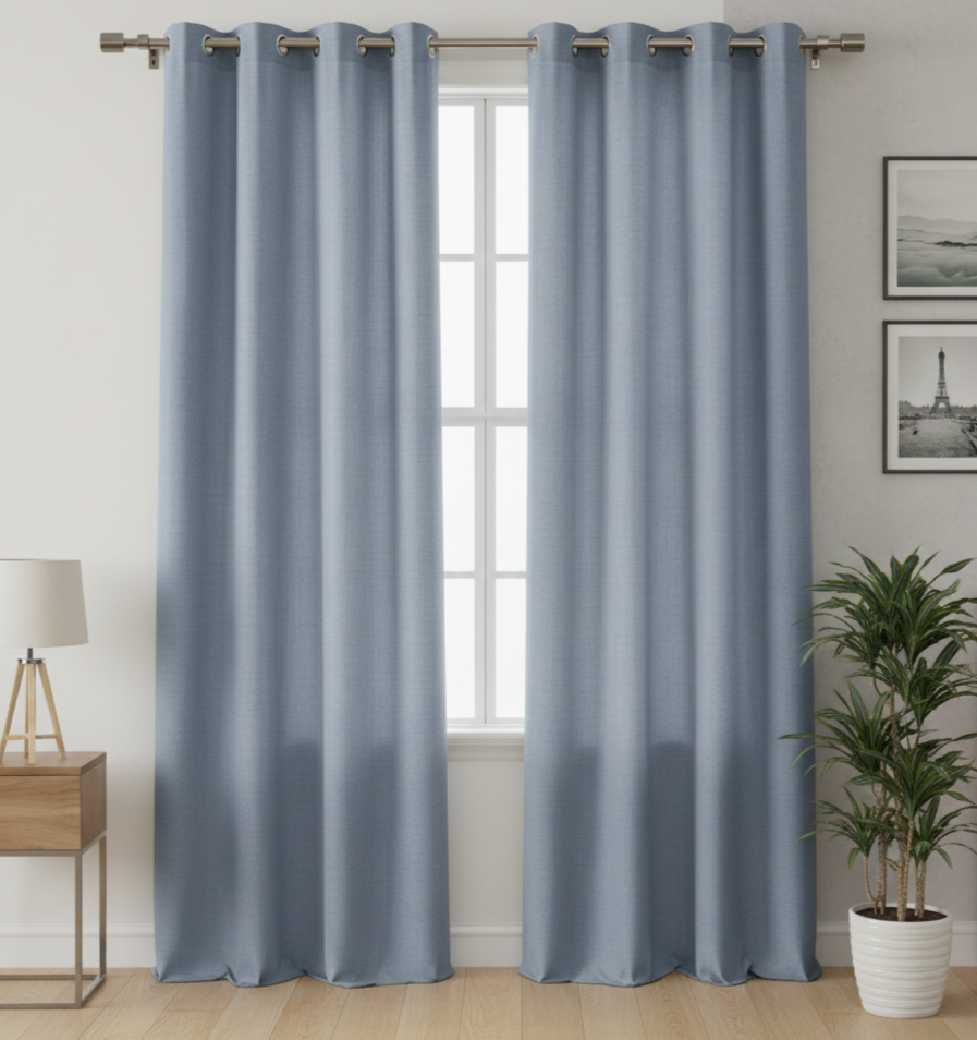 Luxury Faux Linen Texture Eyelet Curtains - Serene Dusty Blue