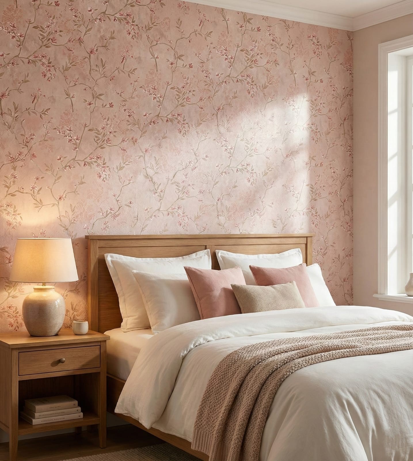 Vintage Blush Pink Cherry Blossom & Damask Textured Wallpaper Glue-Adhisive