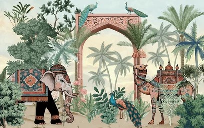 Mughal Royal Elephant Camel Peacock Tropical Luxury Wallpaper Mural for Premium Interior Decor
