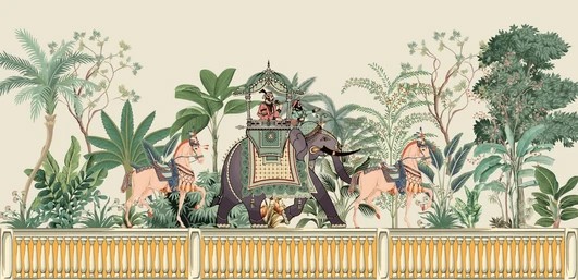 Vintage Mughal Royal Procession Wallpaper with Garden Landscape