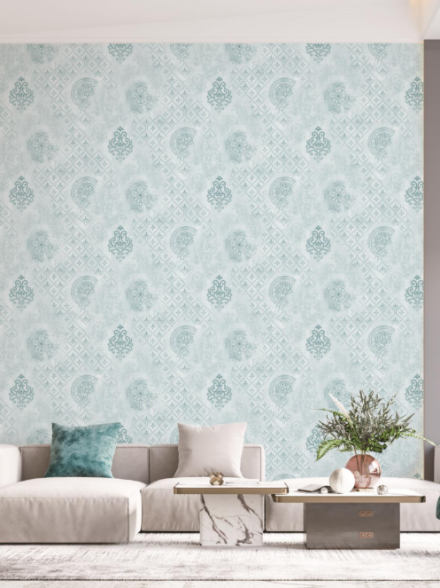 Luxury Mint Blue Vintage Damask and Paisley Patchwork Wallpaper Glue -Adhesive
