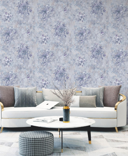 Luxury Lavender Violet Vintage Damask Floral Distressed Plaster Wallpaper Glue -Adhesive