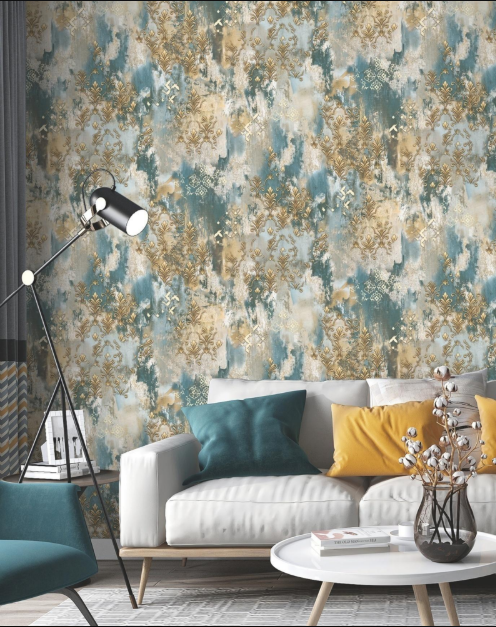 Luxury Vintage Teal Blue and Gold Damask Abstract Distressed Plaster Wallpaper Glue -Adhesive