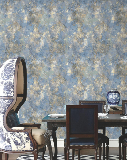 Luxury Vintage Denim Blue and Gold Persian Patchwork Distressed Plaster Wallpaper Glue -Adhesive