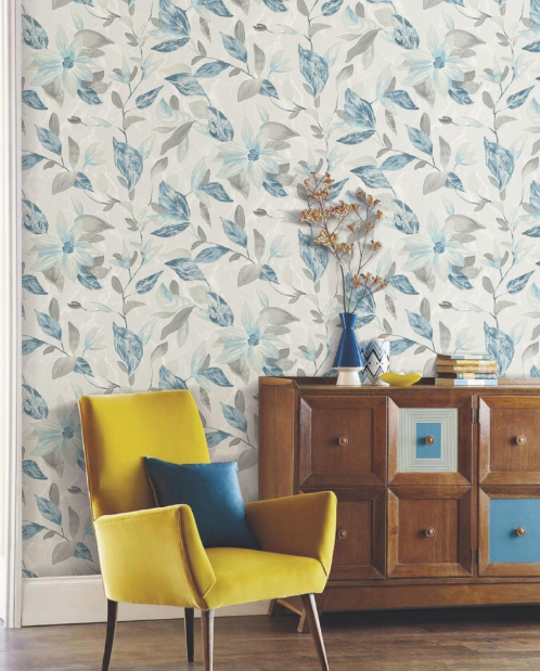 Luxury Watercolor Sky Blue Blossom Trails Trailing Leaf Wallpaper Glue -Adhesive