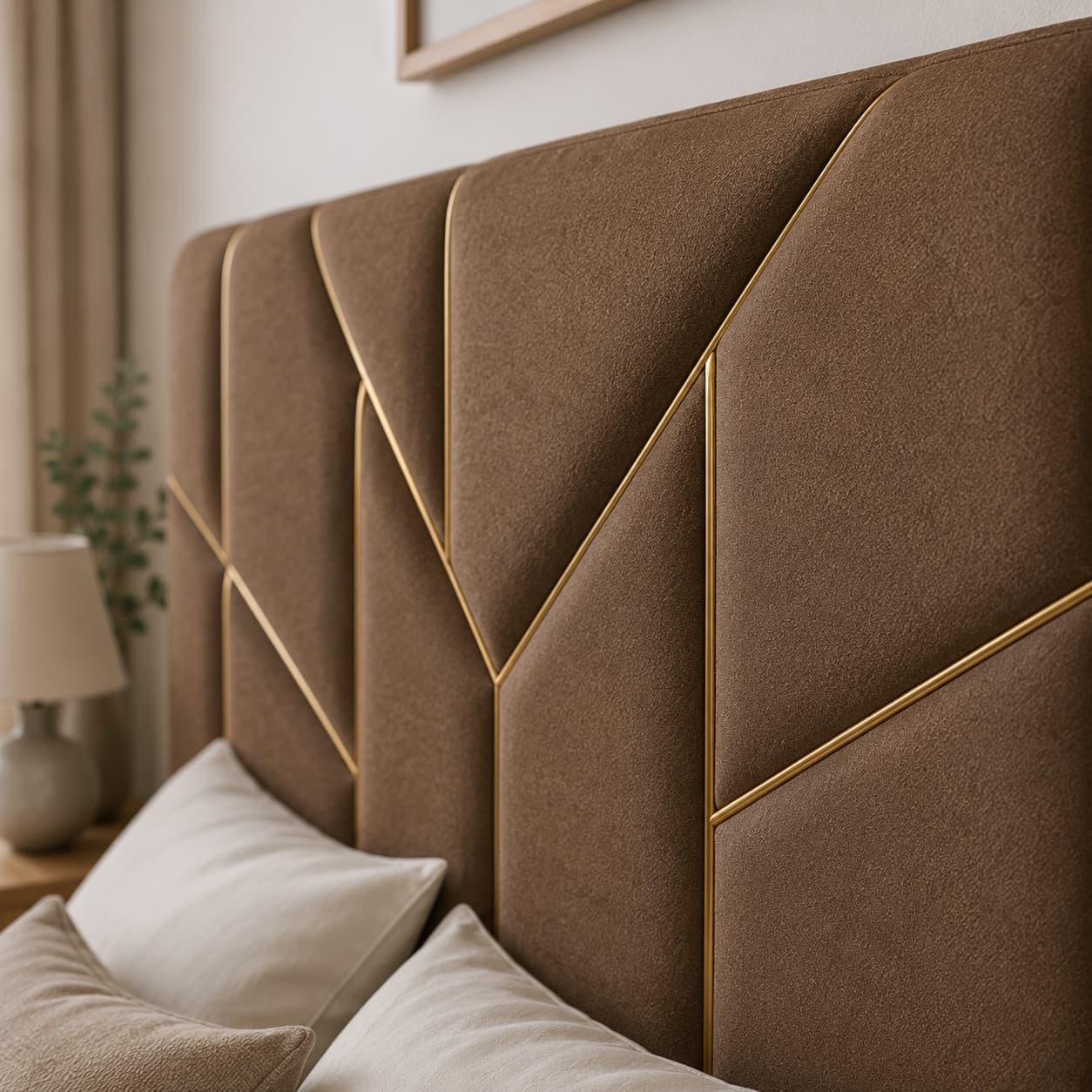 Arcelia Premium Mocha Brown Textured Fabric Geometric Gold Inlay Upholstered Bed Headboard with Sculpted Padded Panels
