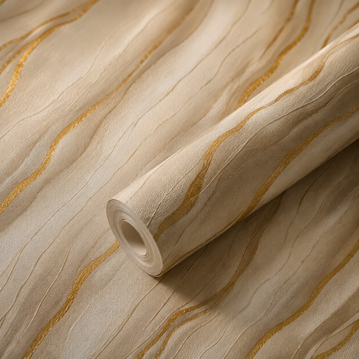Luxury Abstract Gold Wave Textured Wallpaper | Premium Metallic Beige Modern Designer Wall Covering for Living Room, Bedroom, Office & Hotel Interiors