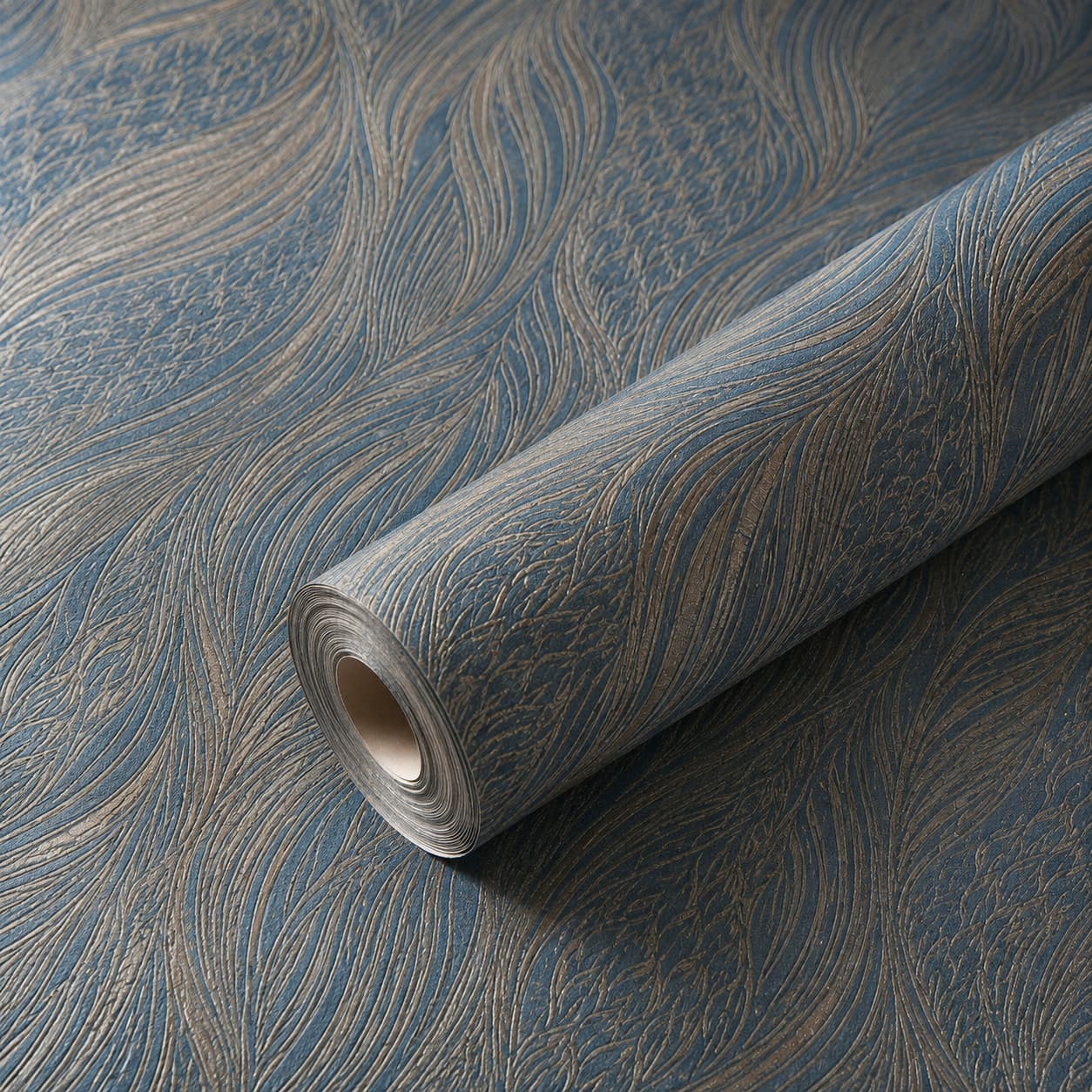 Luxury Embossed Abstract Wave Pattern Wallpaper – Blue & Bronze Metallic Textured Designer Wall Covering for Modern Living Room, Bedroom, Office & Premium Interior Décor