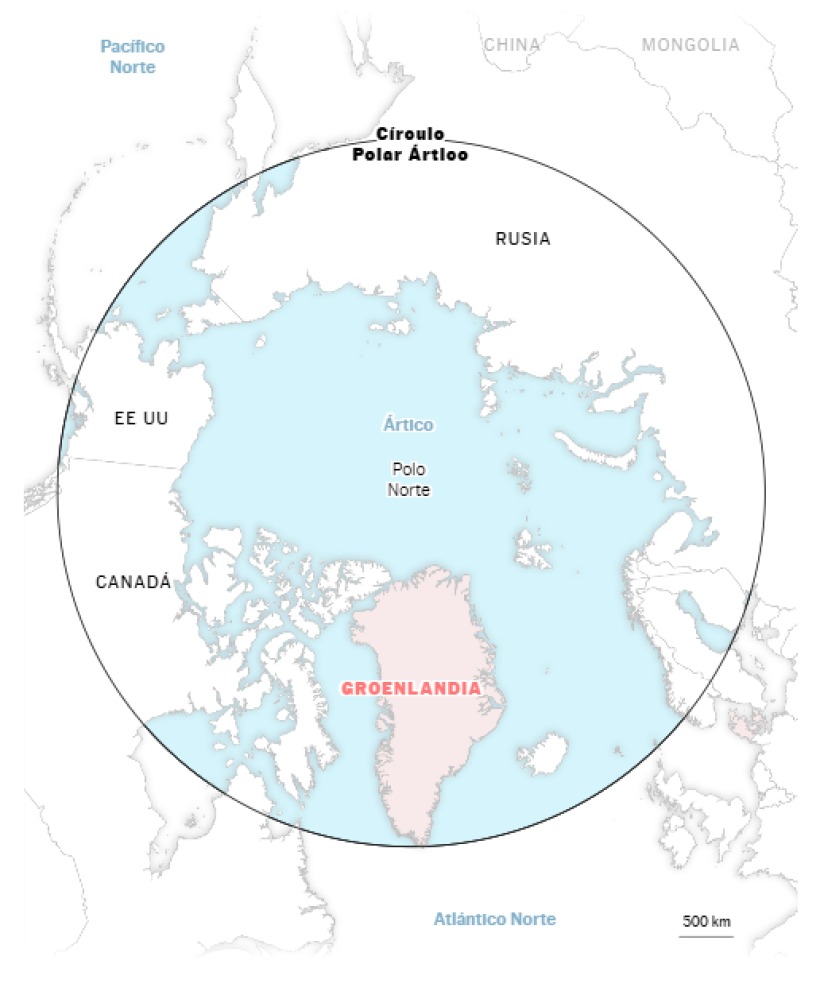 Mapa de Groenlandia mostrando su posición estratégica en el Ártico