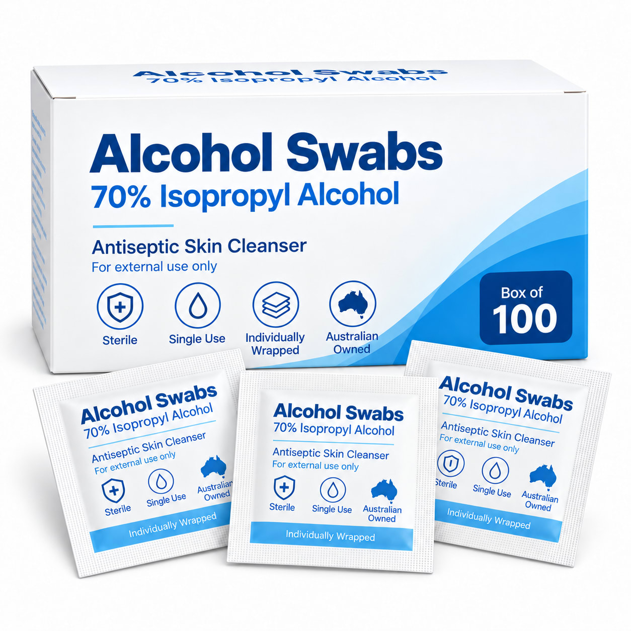 Box of 100 individually wrapped 70% isopropyl alcohol prep pads with three sachets displayed in front.