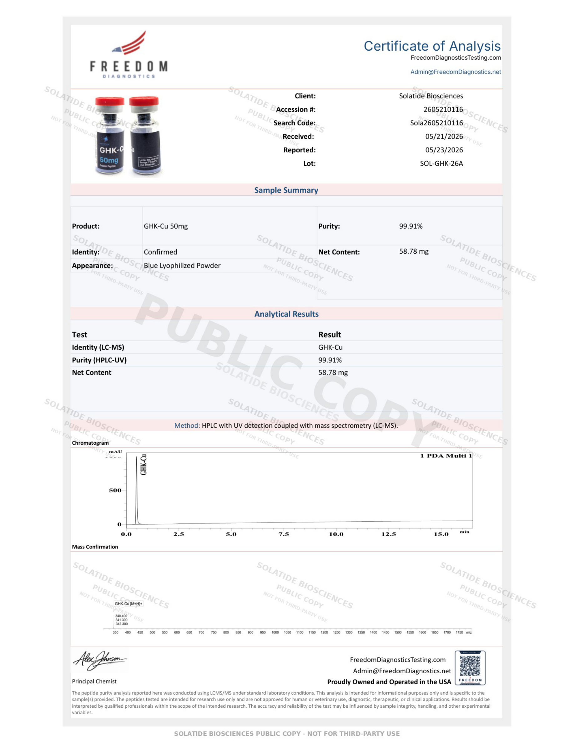Certificate of Analysis for SOL-GHK-26A