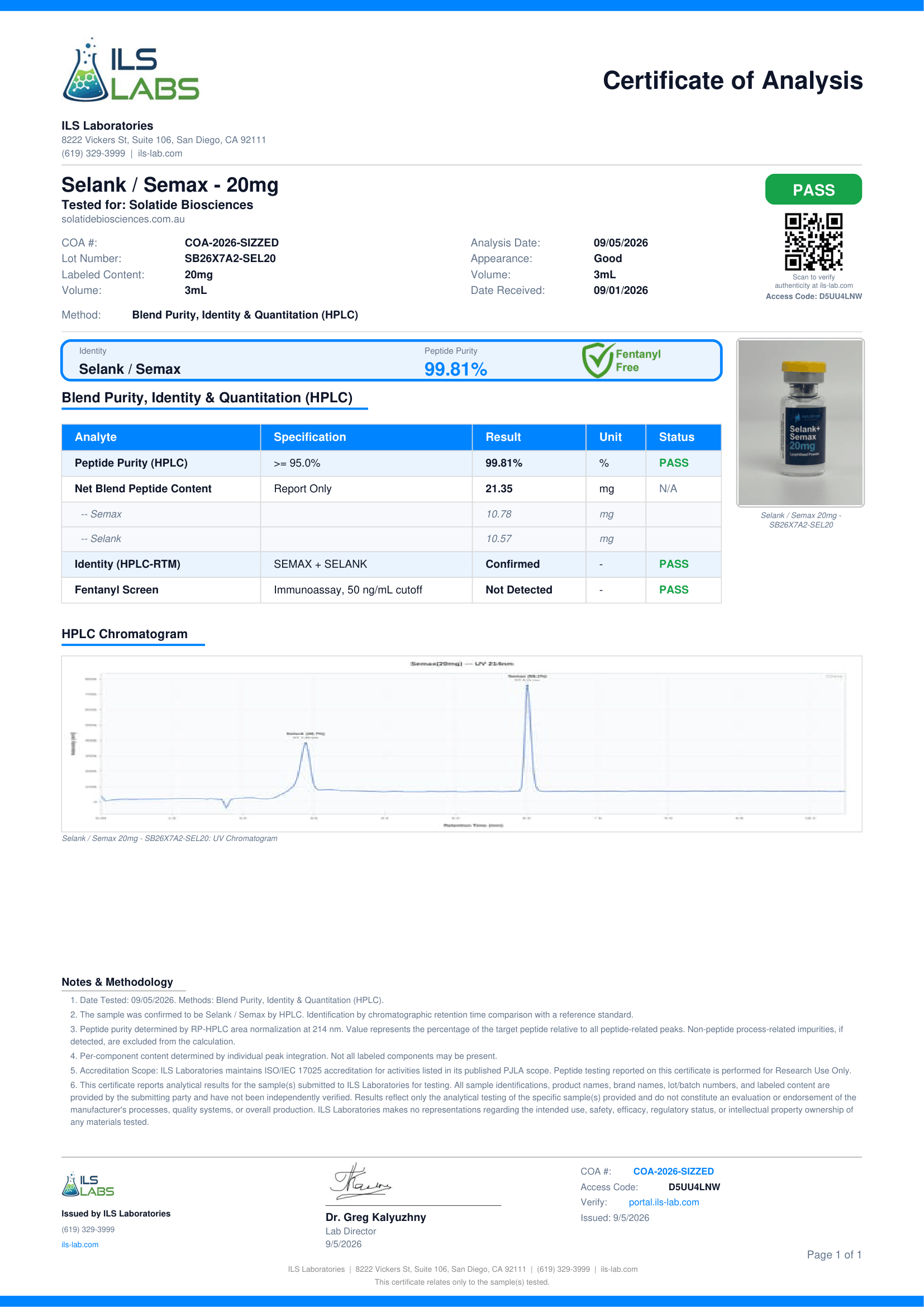 Certificate of Analysis for S826X7A2-SEL20