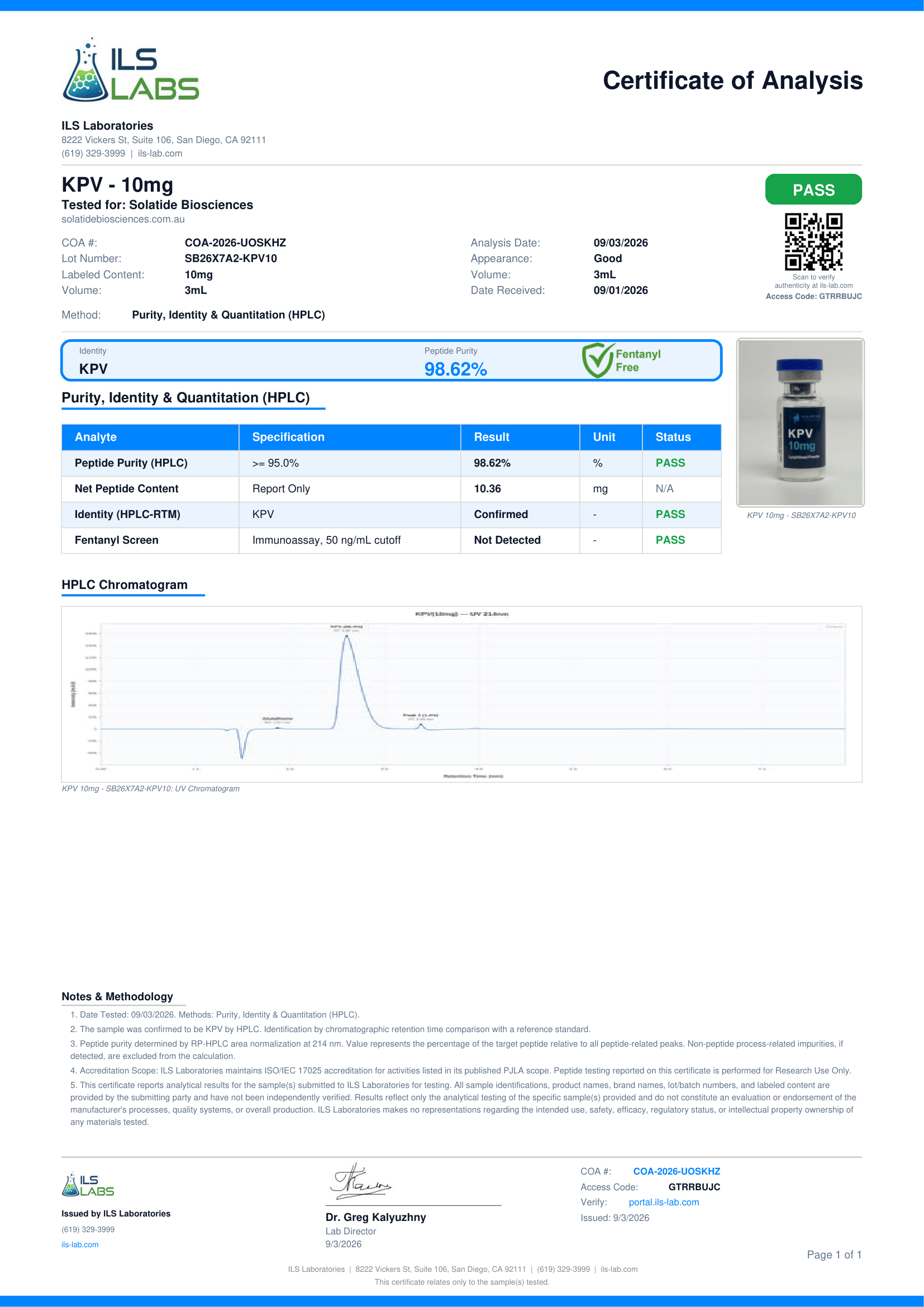 Certificate of Analysis for SB26X7A2-KPV10