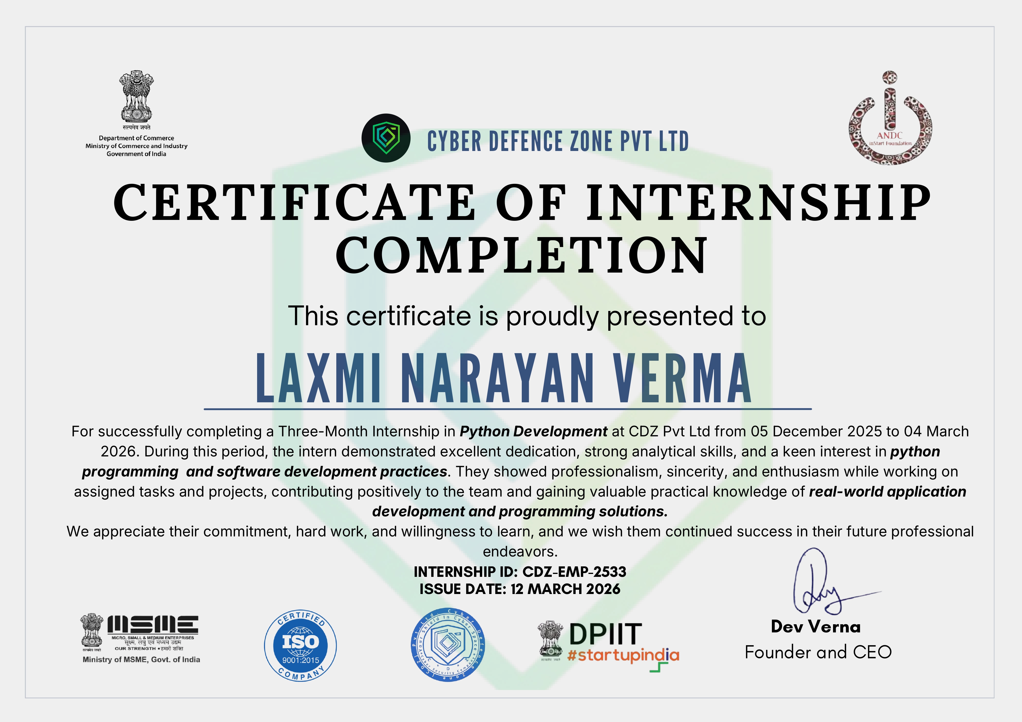 Python Development Internship Certificate