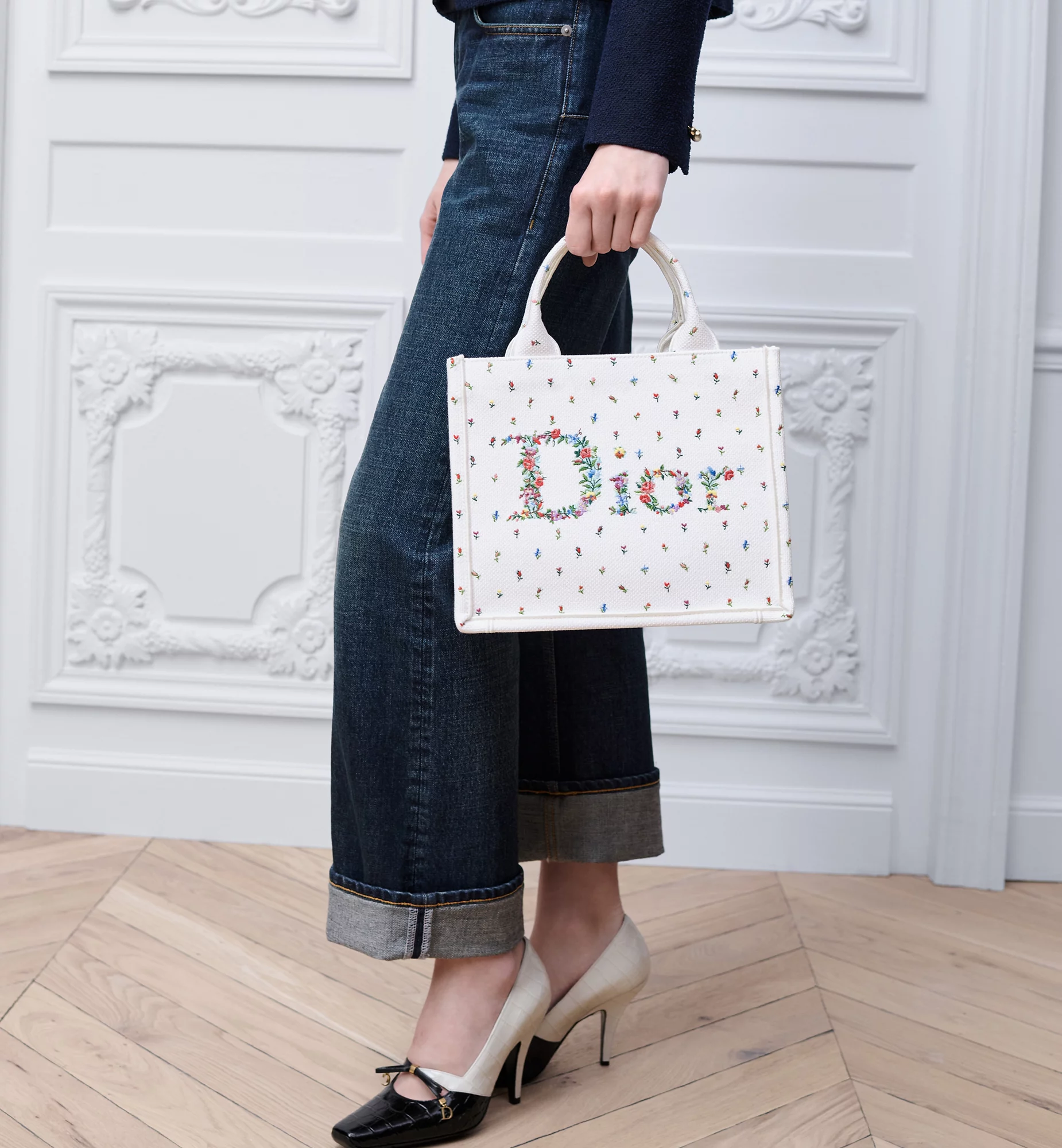 Dioramour Small Dior Book Tote - Calfskin with White, Black and Red Dior Lily of the Valley Embroidery (26.5 x 22 x 14 cm)