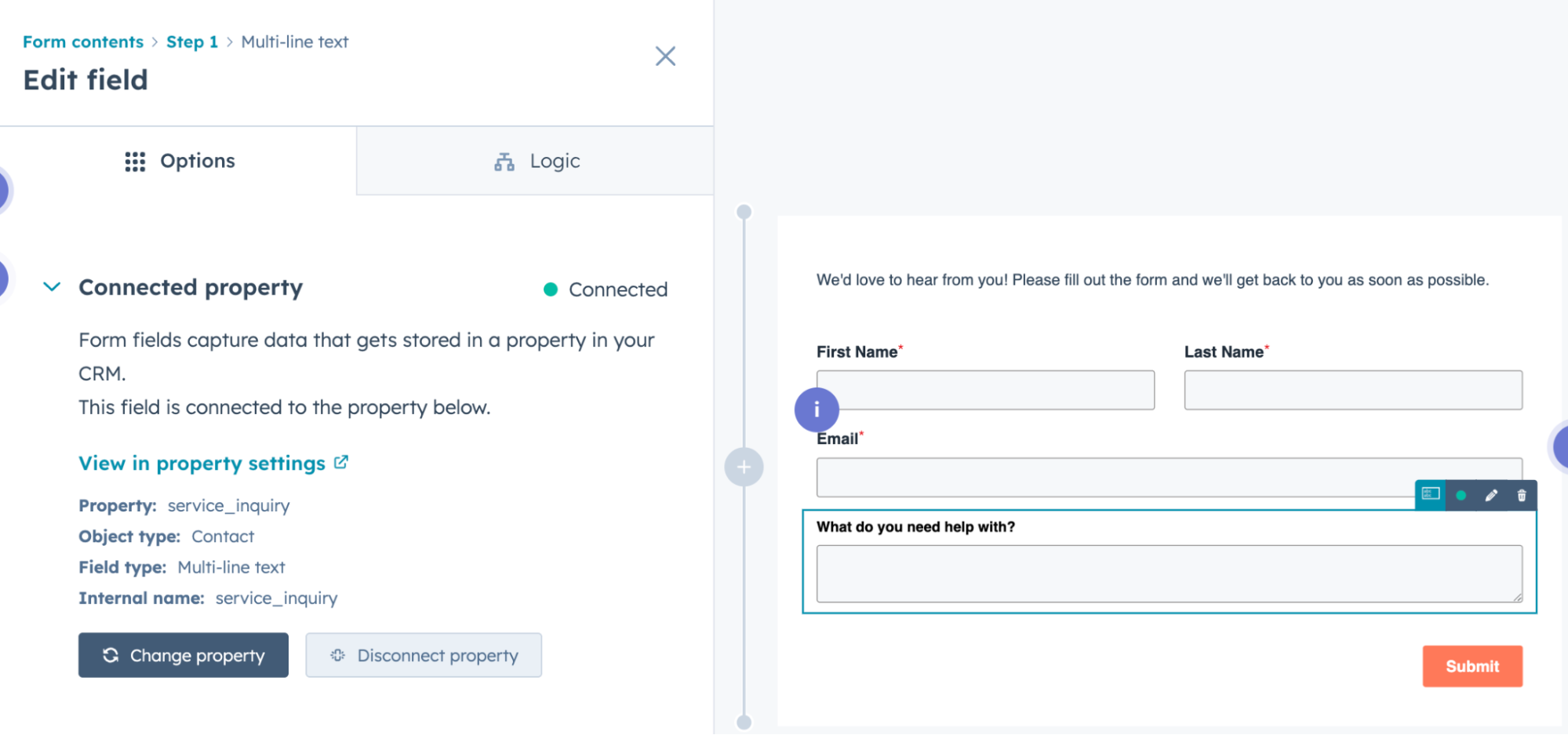 Huspot form with a new property created