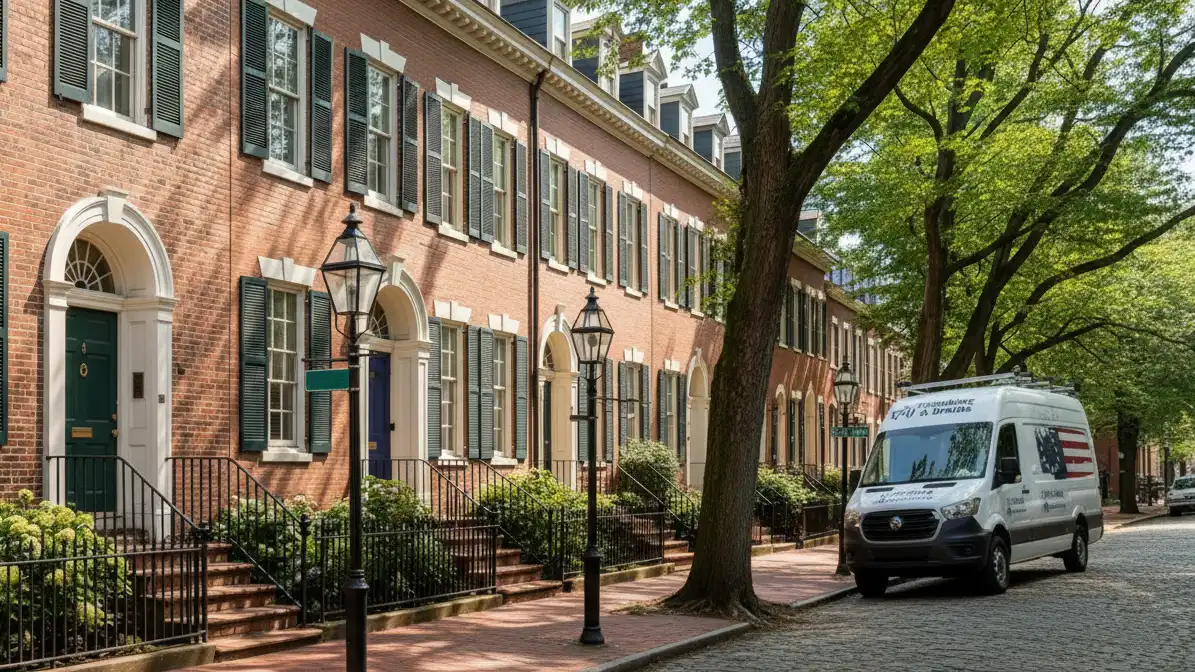 Red-brick rowhomes in Lancaster at golden hour
