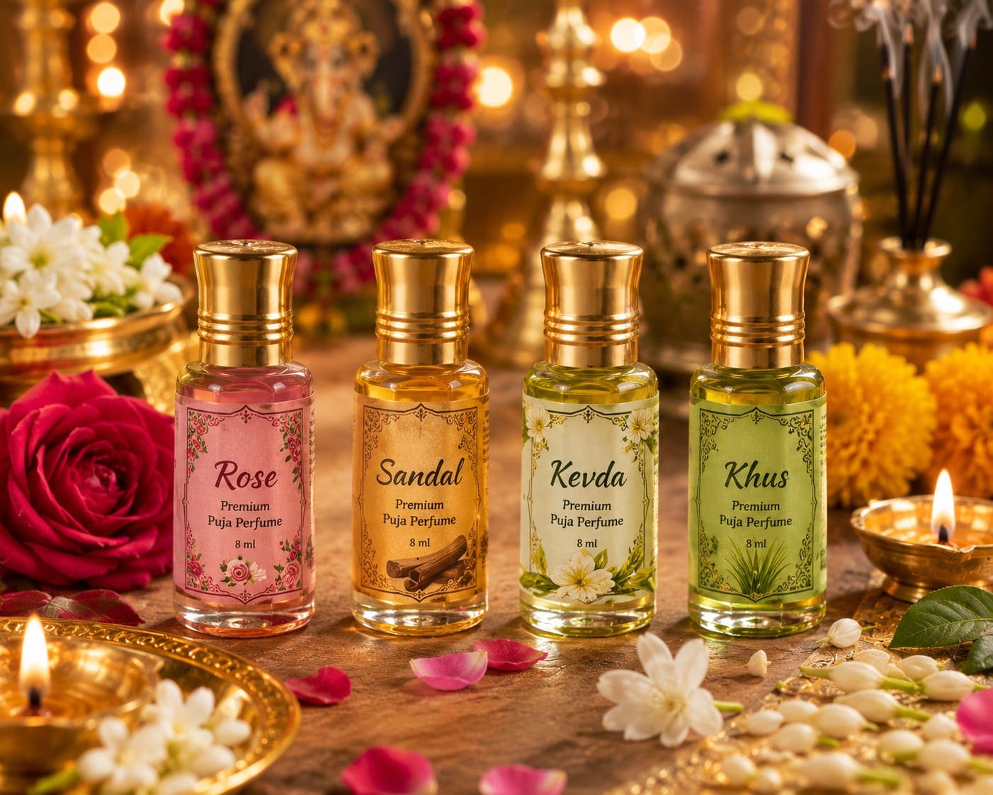 Premium Puja Perfume Set – 4 Divine Fragrances | 8ml Each