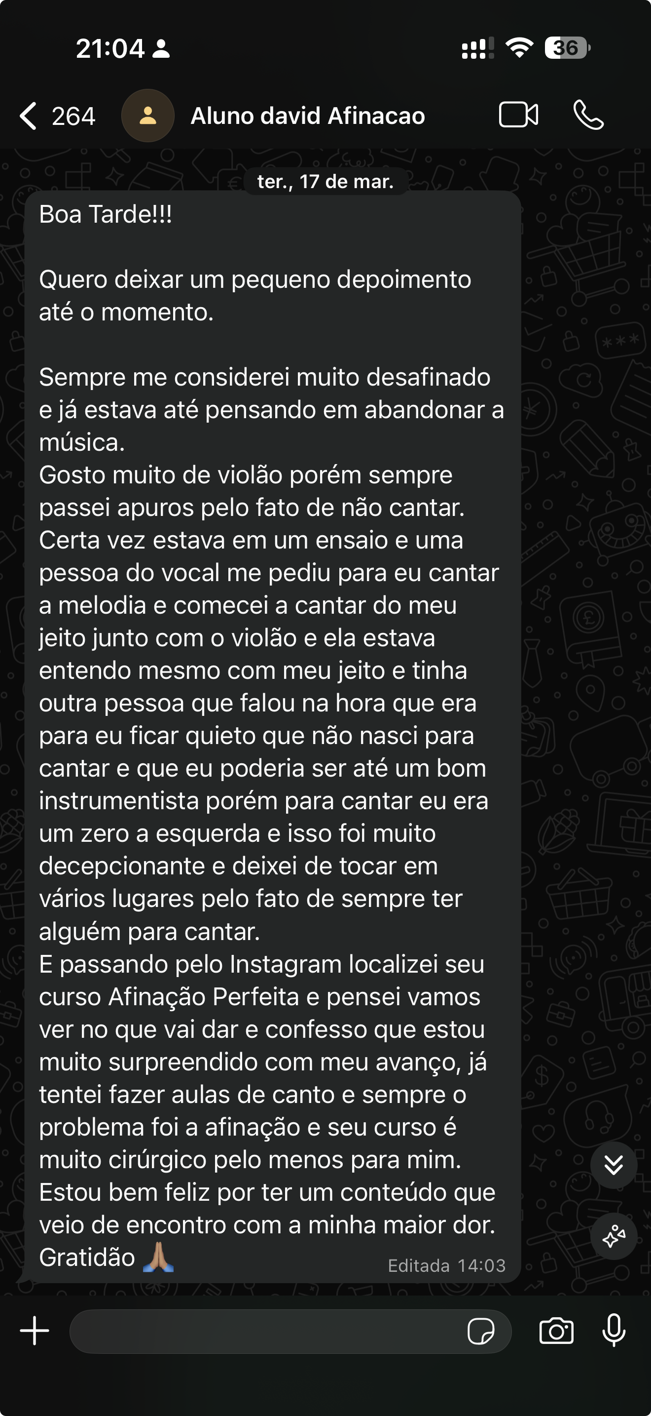 Print de conversa de WhatsApp do aluno David sobre o Módulo 1 do curso