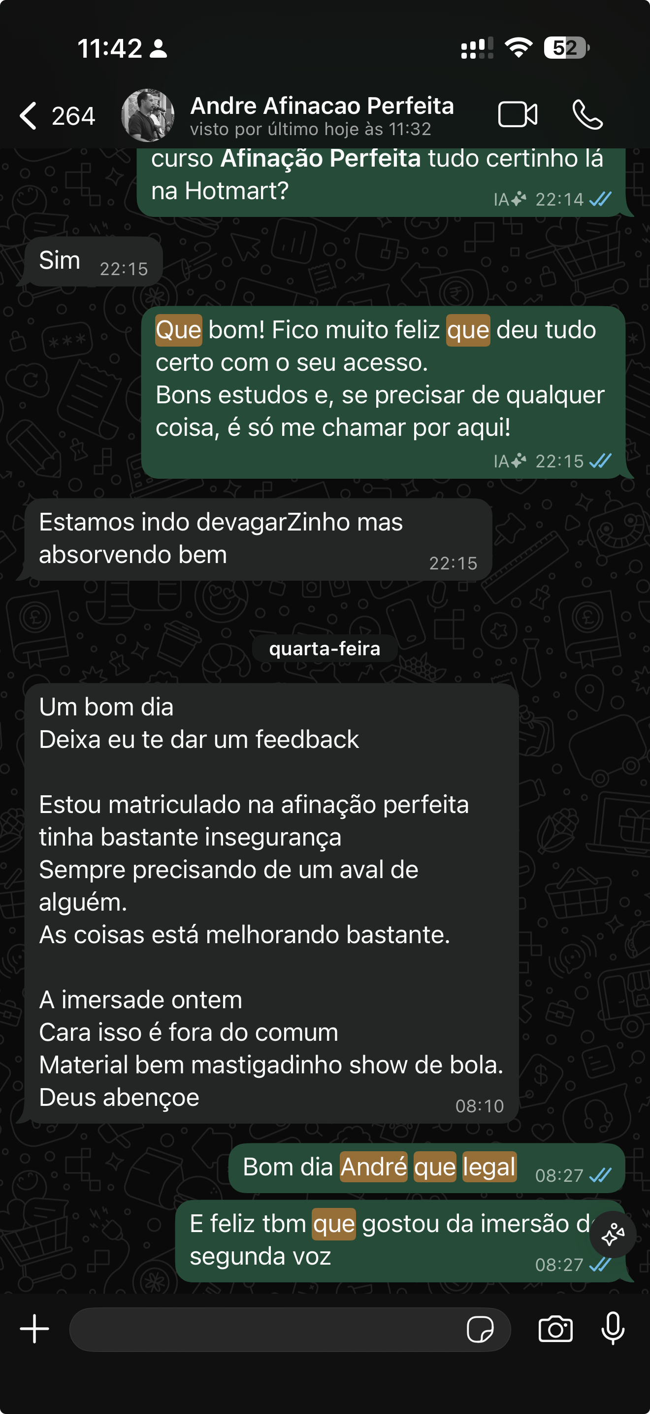 Print de conversa de WhatsApp do aluno André sobre sua evolução na afinação
