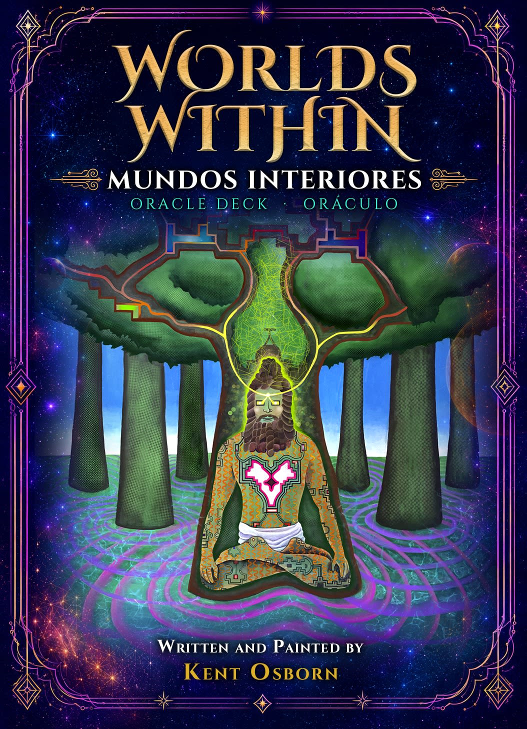 Worlds Within oracle deck box cover — a meditating figure glowing among cosmic trees