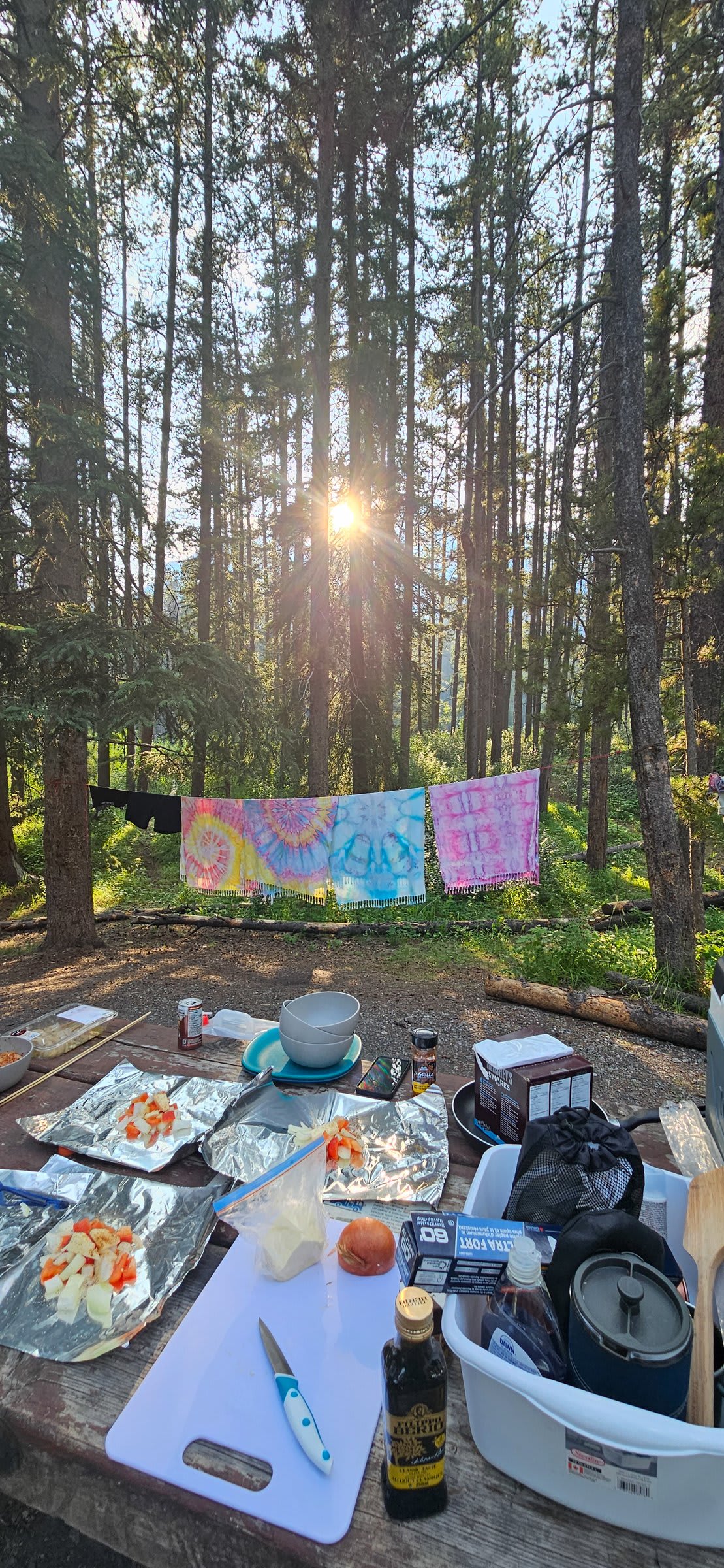 Picnic table covered with foil sheets of chopped peppers, onions, and other foil-packet ingredients