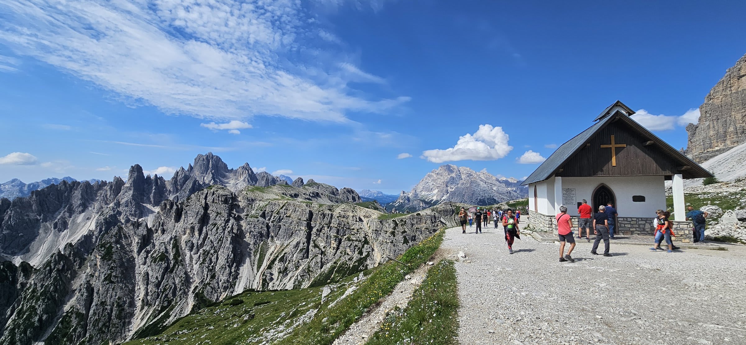 The Monument ai Bersaglieri with Tre Cime peaks visible behind