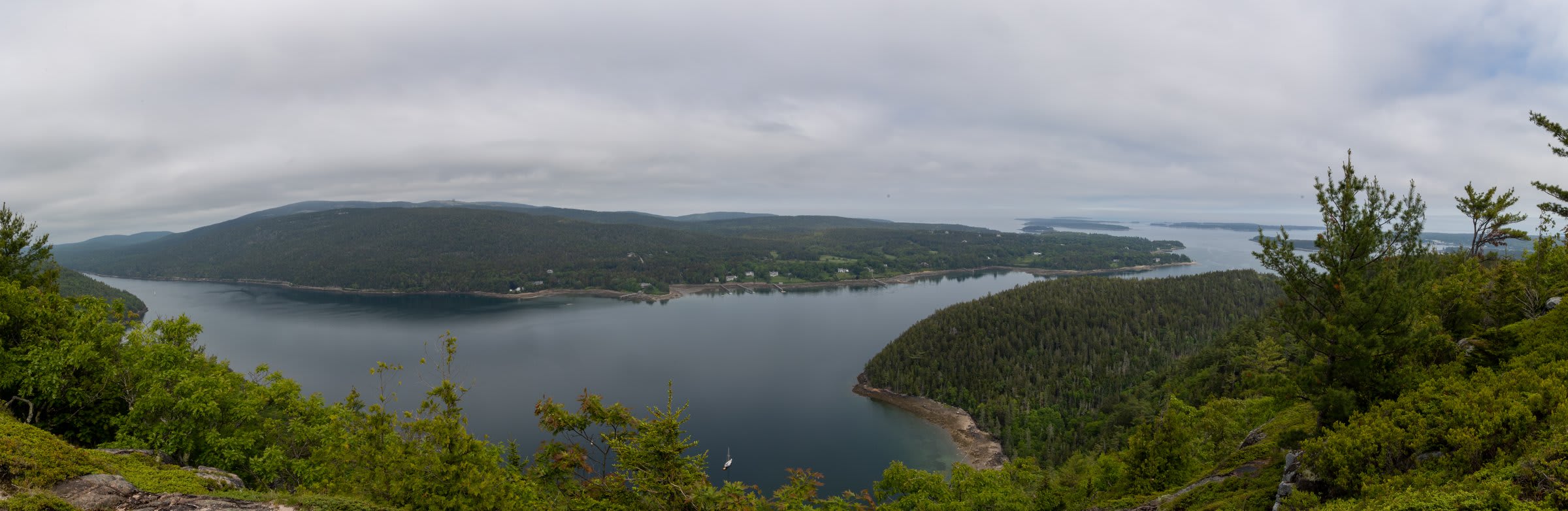 Panoramic summit view from Cadillac Mountain over Acadia National Park