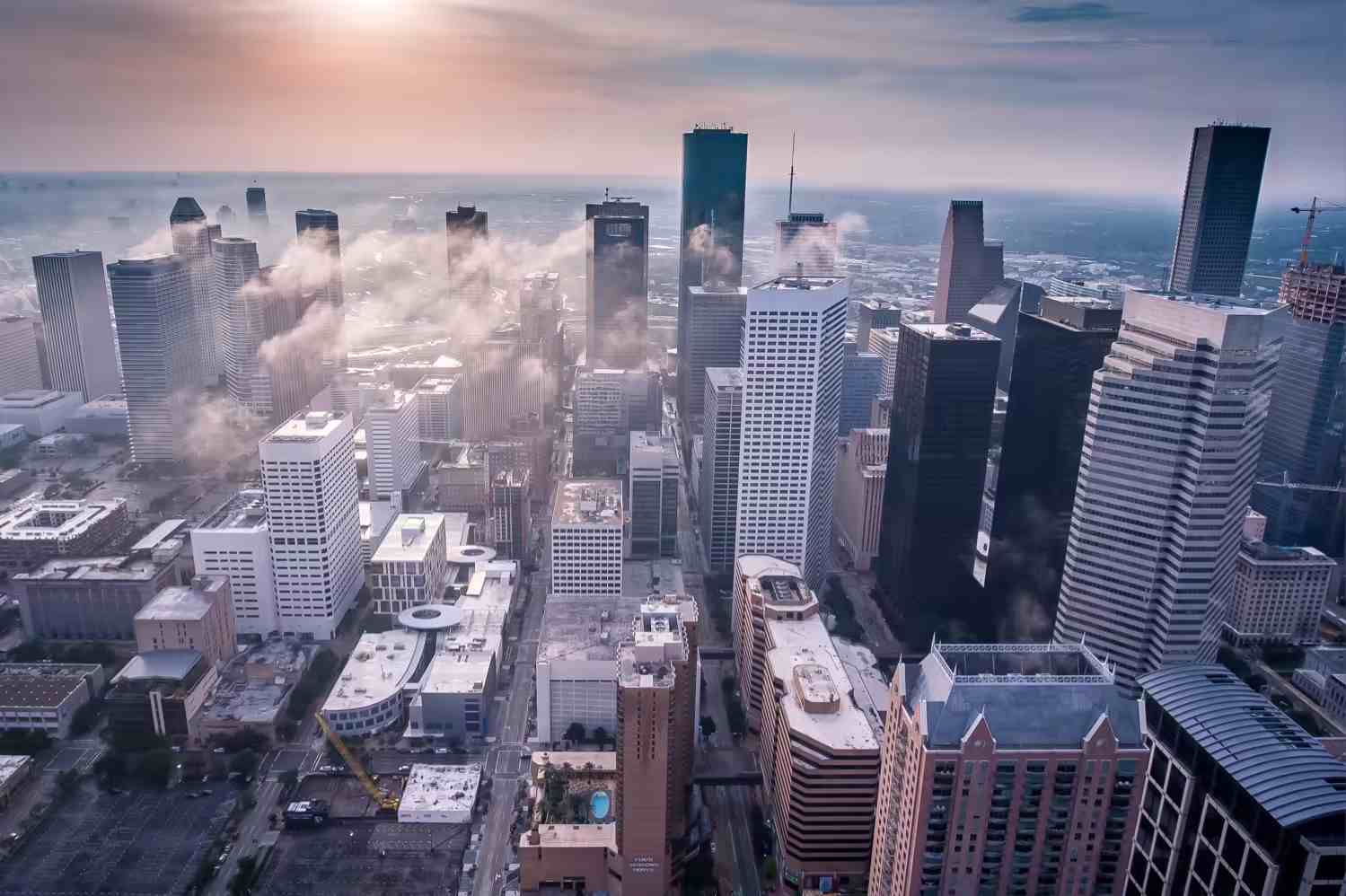 An aerial view of an urban commercial district.