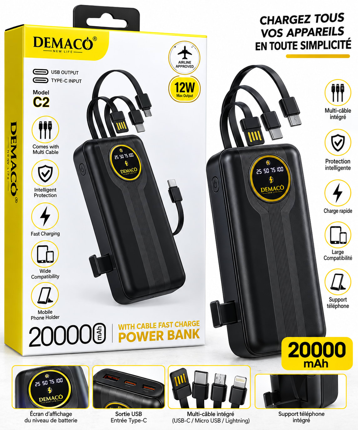 Power Bank DEMACO C2 20 000 mAh – Charge Rapide 12 W