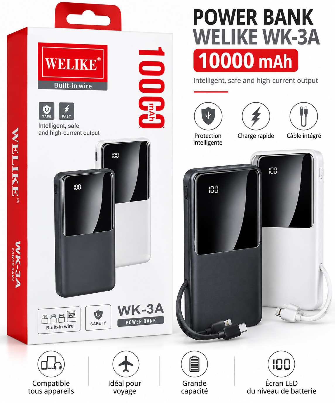 Power Bank WELIKE WK-3A 10 000 mAh avec câbles intégrés