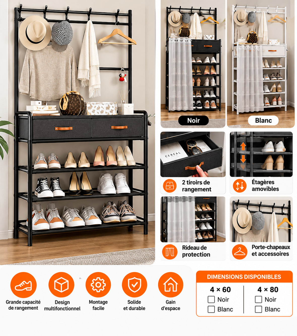 Étagère à Chaussures et Porte-Chapeaux Multifonctionnelle