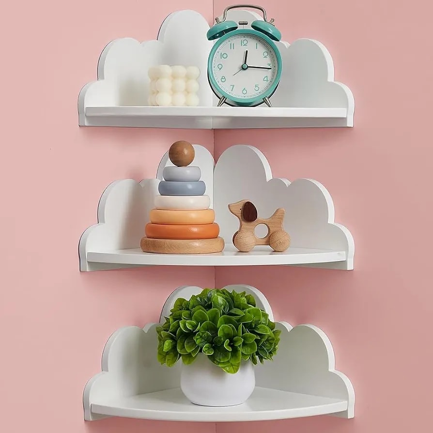 Étagère d’angle murale décorative en forme de nuage – Blanche, 3 niveaux