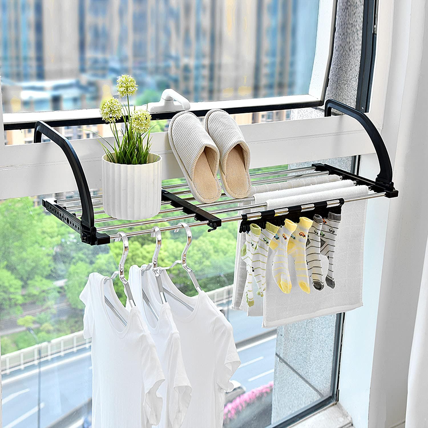 Étendoir à linge pliable et extensible à suspendre – Noir et argenté