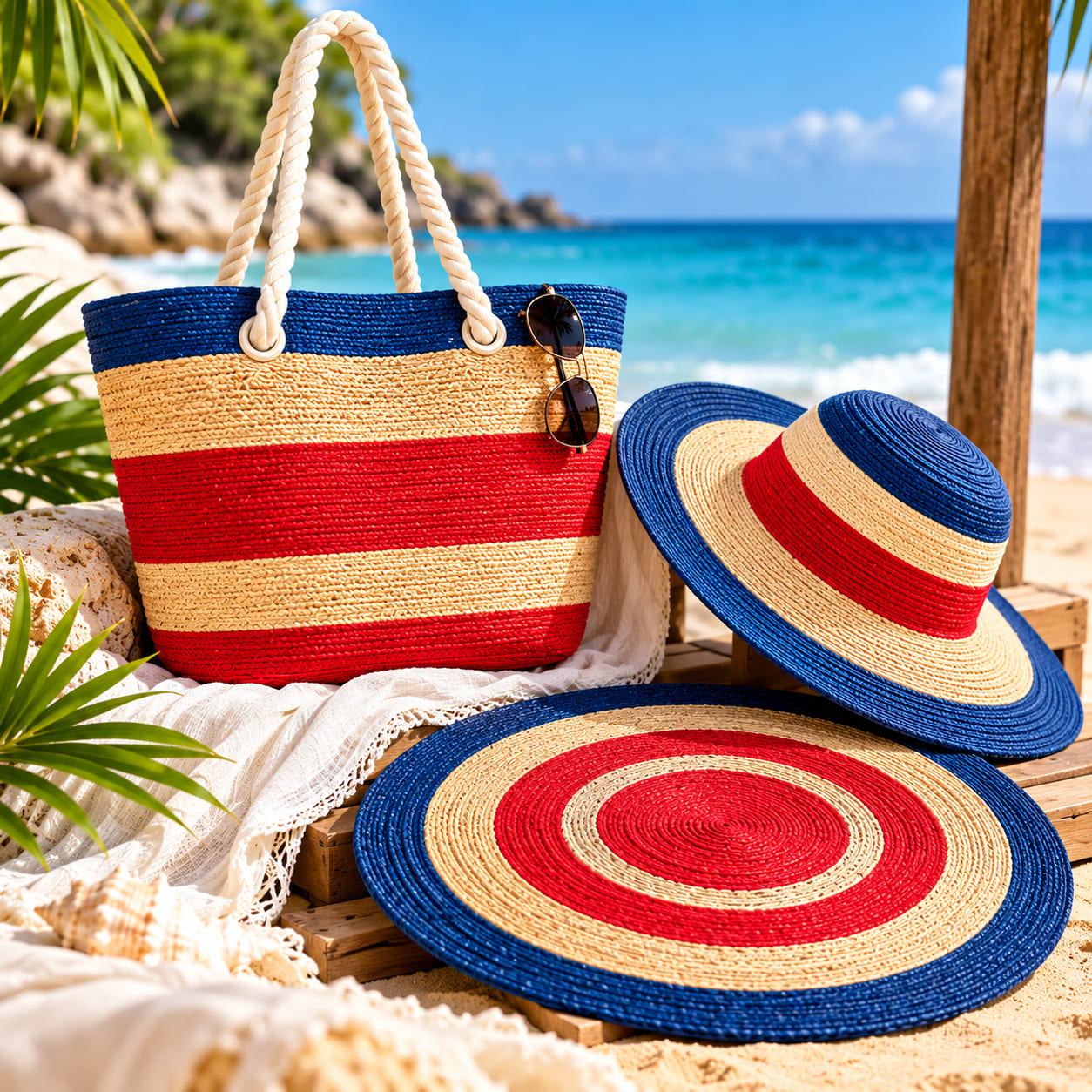 Ensemble estival femme : sac de plage, chapeau et tapis rond assortis
