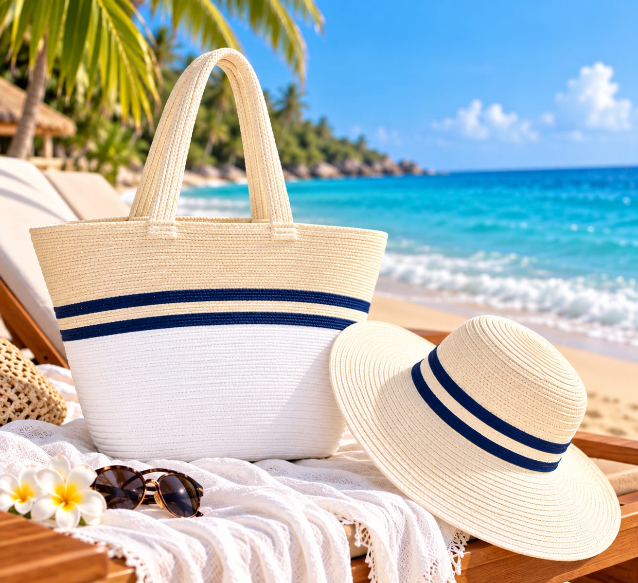Ensemble sac de plage et chapeau femme – Beige, blanc et bleu marine