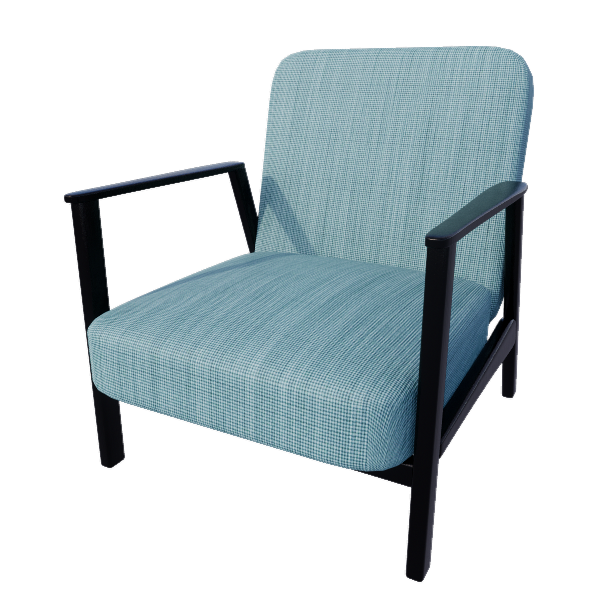 Ekenaeset mid century armchair 3D model with light blue fabric cushions and a dark wood frame on a white background